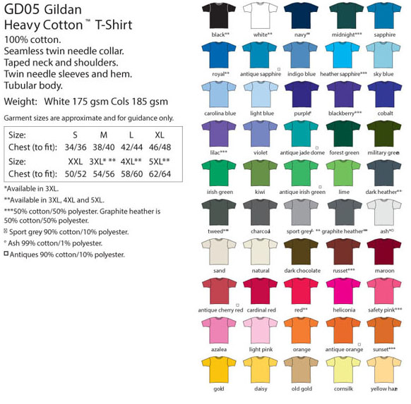 Heavy Cotton T-Shirt Colours